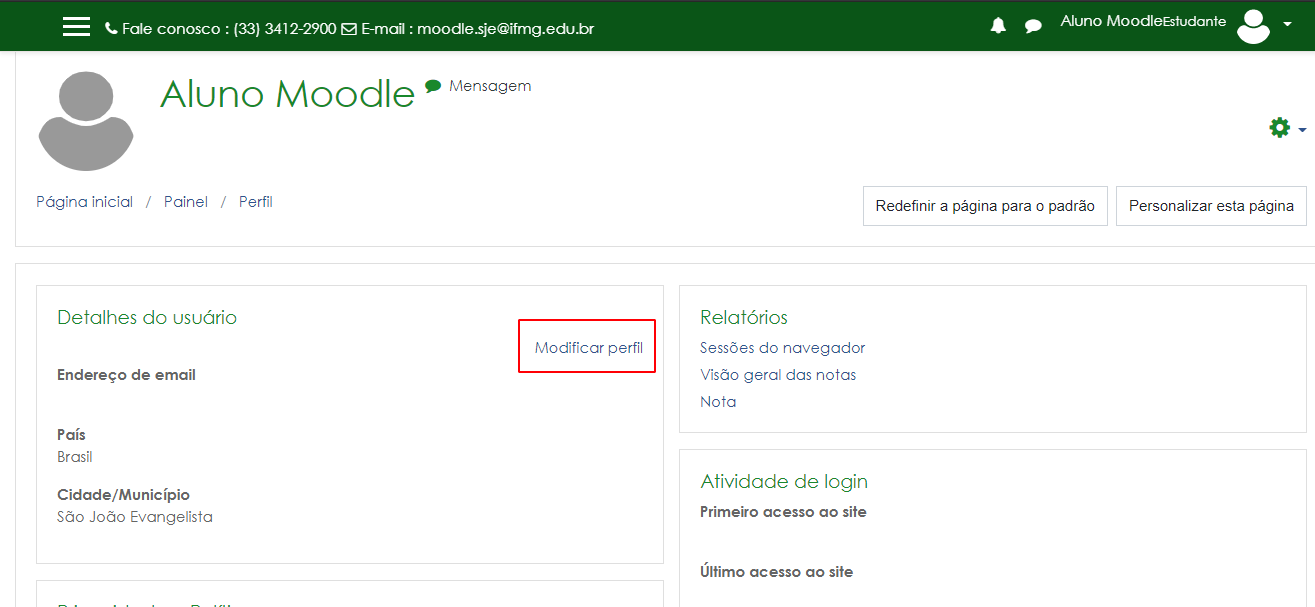 Opções de modificação do perfil