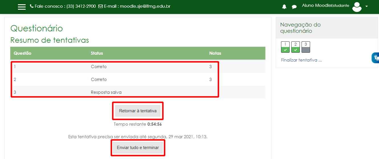 Resumo da tentativa de responder o questionário