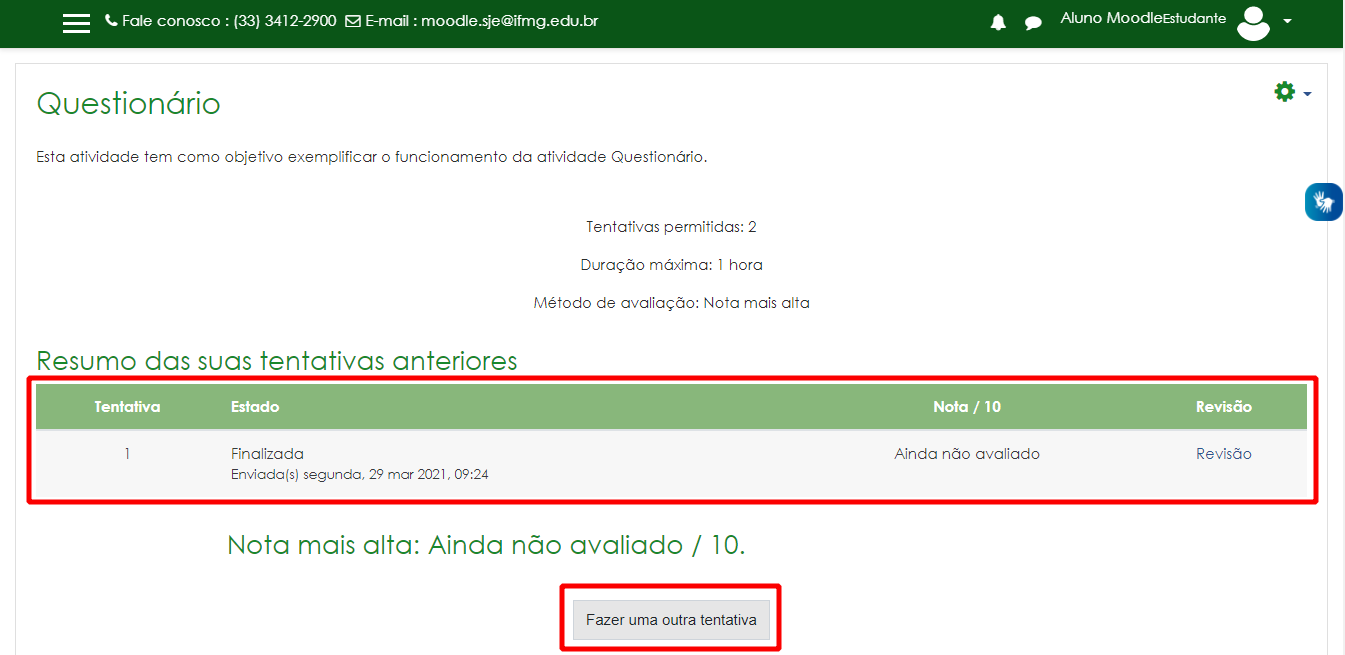 Tentativas de responder o questionário